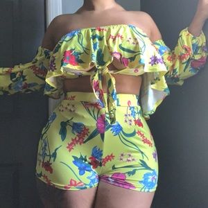 Yellow FLOWER SHORTS SET
